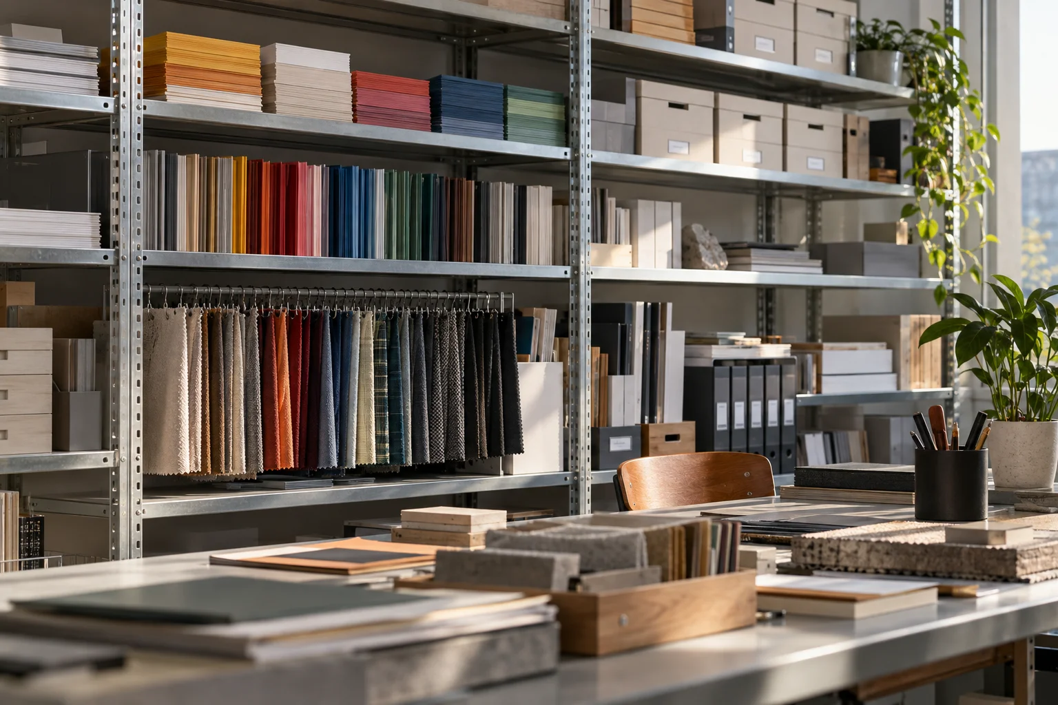 Studio shelving stocked with books, material samples and design references
