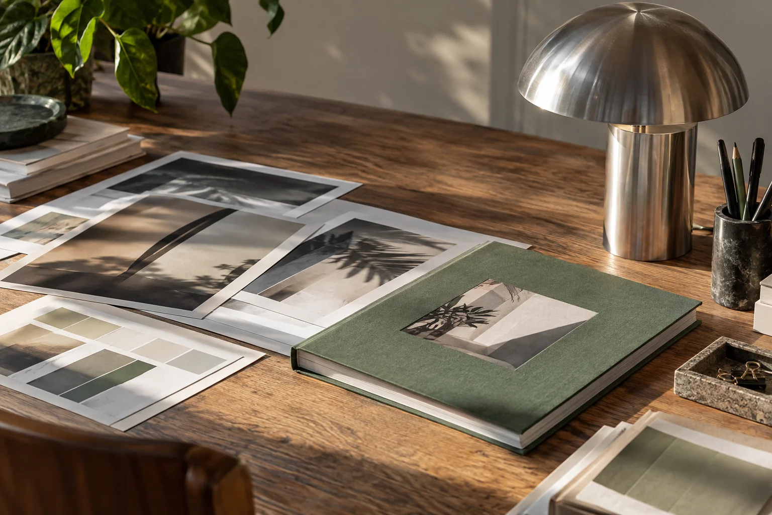 Printed design proofs and a brand book laid out on a wooden desk