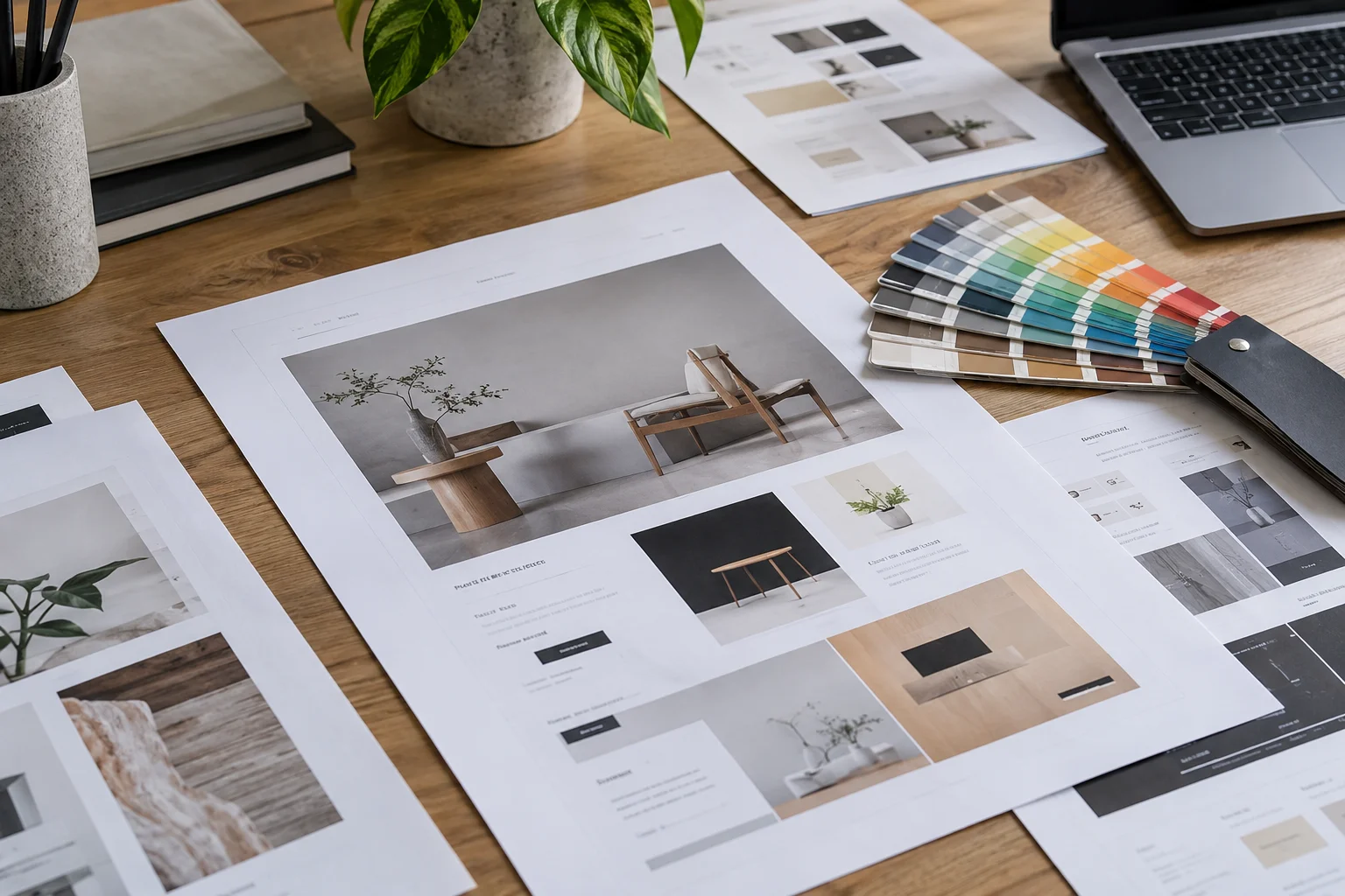 Printed website layouts, wireframes and colour swatches spread on a desk