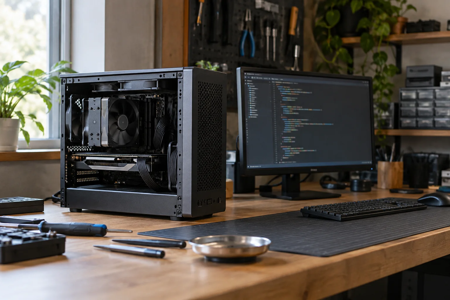 Developer workstation with an open PC case and code on the monitor