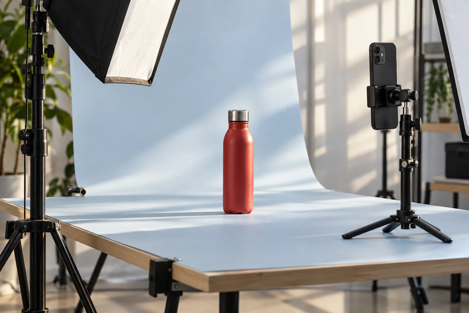 Product photography setup with a red water bottle, softbox lights and phone tripod