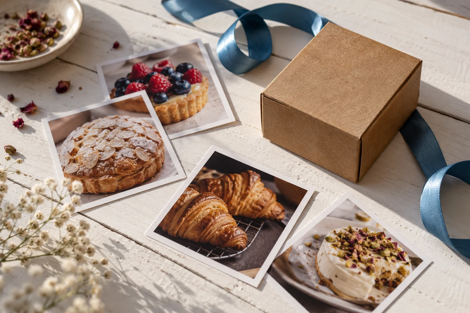 Printed food photographs of pastries beside a kraft gift box