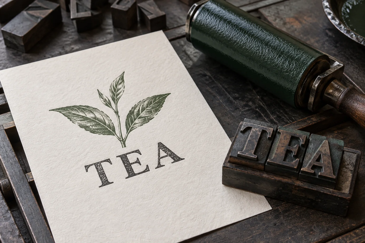 Tea brand logo printed on textured paper next to letterpress type