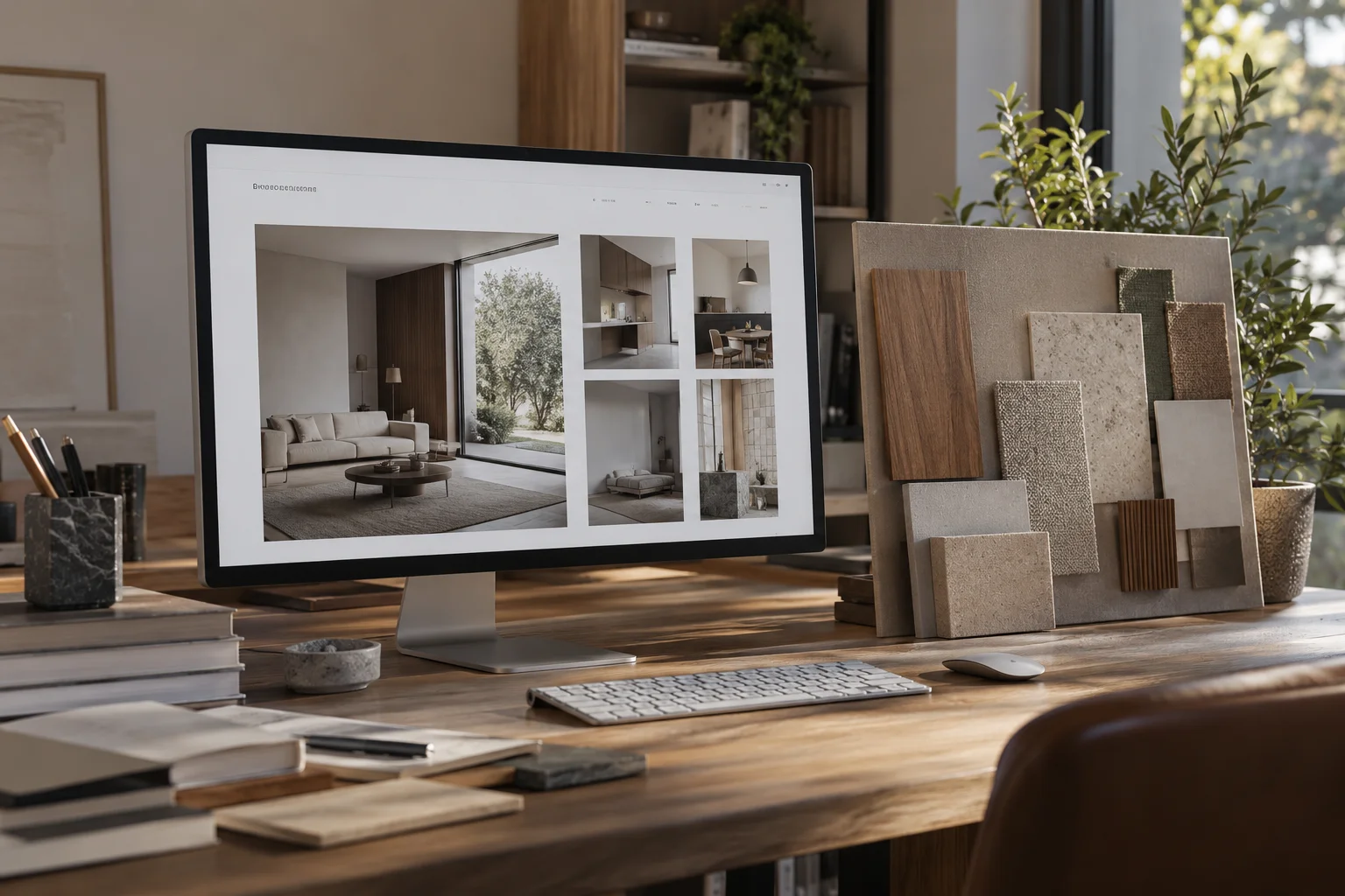 Illustrative concept: interior design website displayed on a desktop monitor
