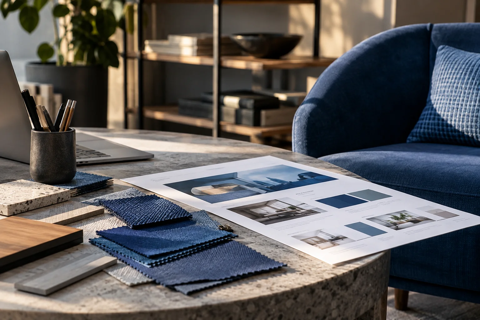 Illustrative concept: fabric samples and interior photographs on a table