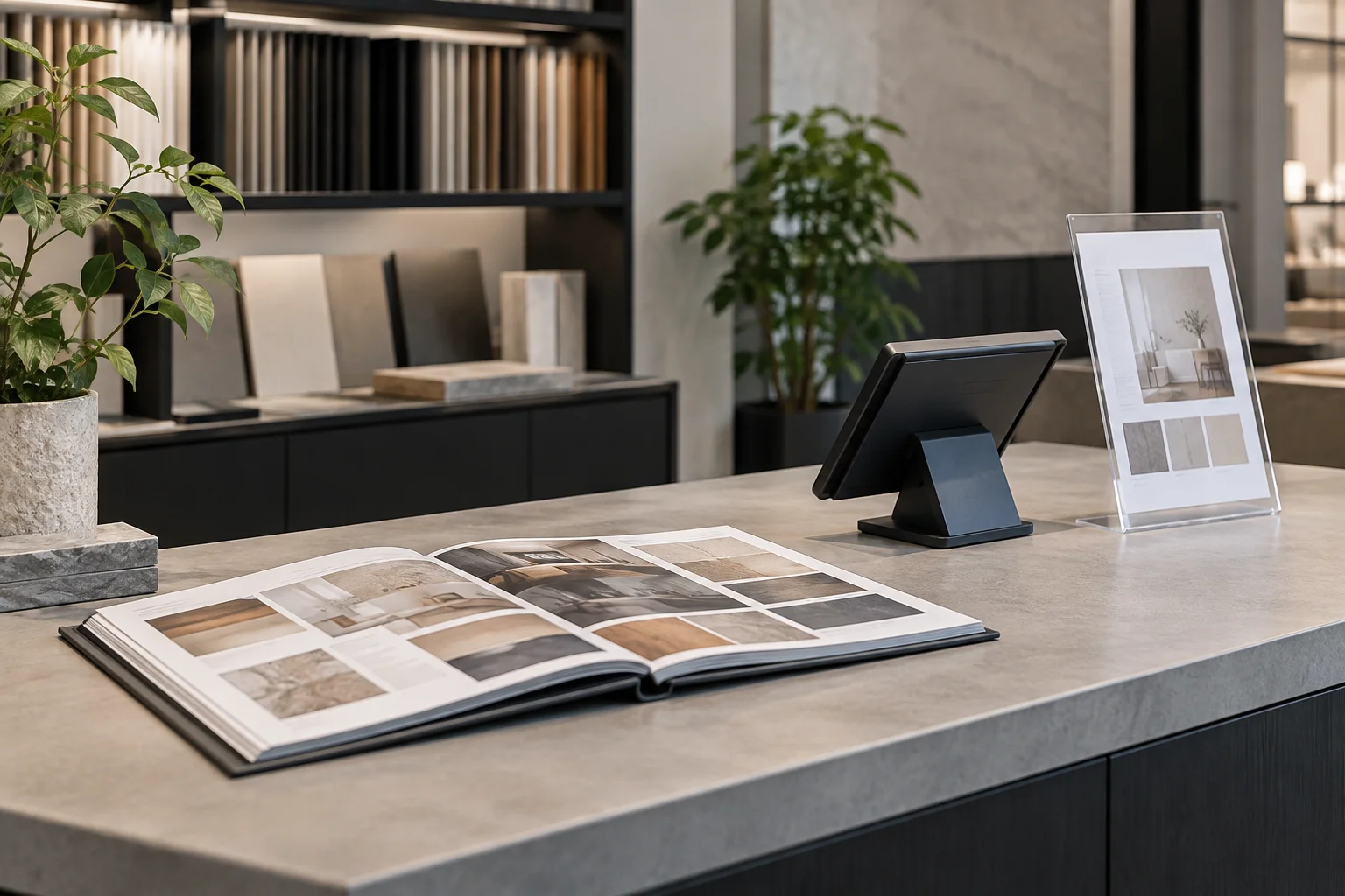 Illustrative concept: printed interior catalogue beside a tablet