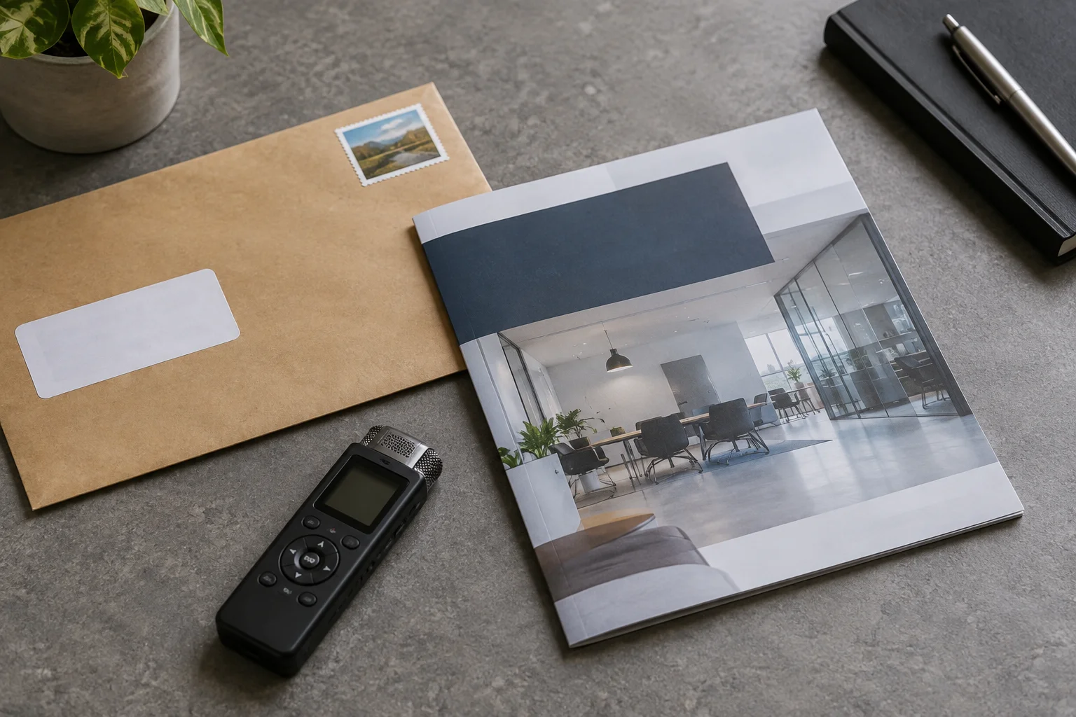 Illustrative concept: printed interior images and packaging on a desk