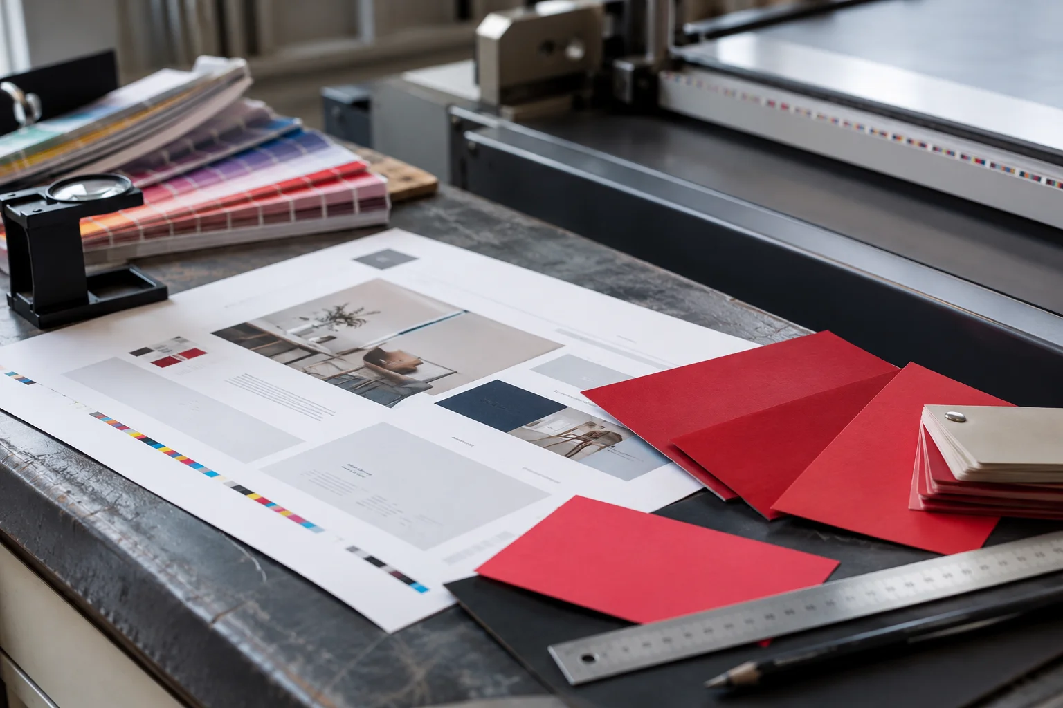 Illustrative concept: print proofs and red design samples on a workbench
