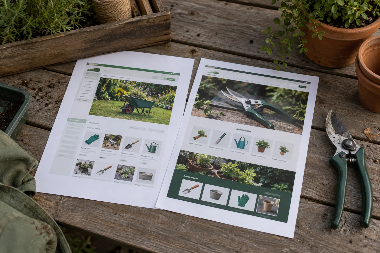 Illustrative concept: garden website layouts printed on a workbench