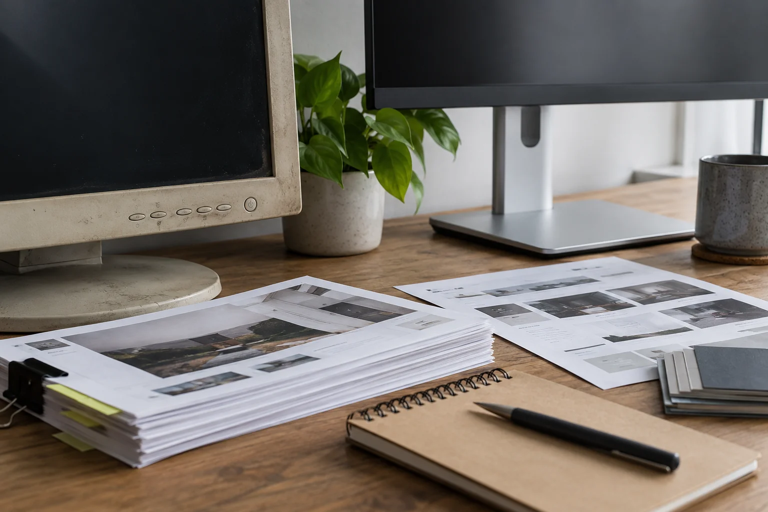 Illustrative concept: website references beside a desktop monitor