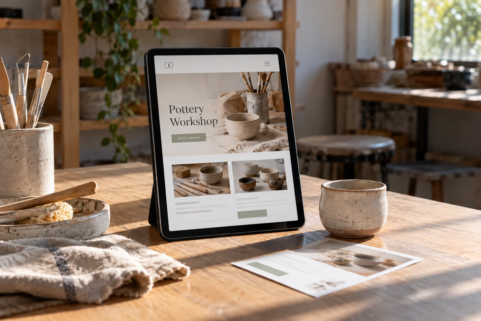 Pottery workshop landing page displayed on a tablet beside ceramic tools