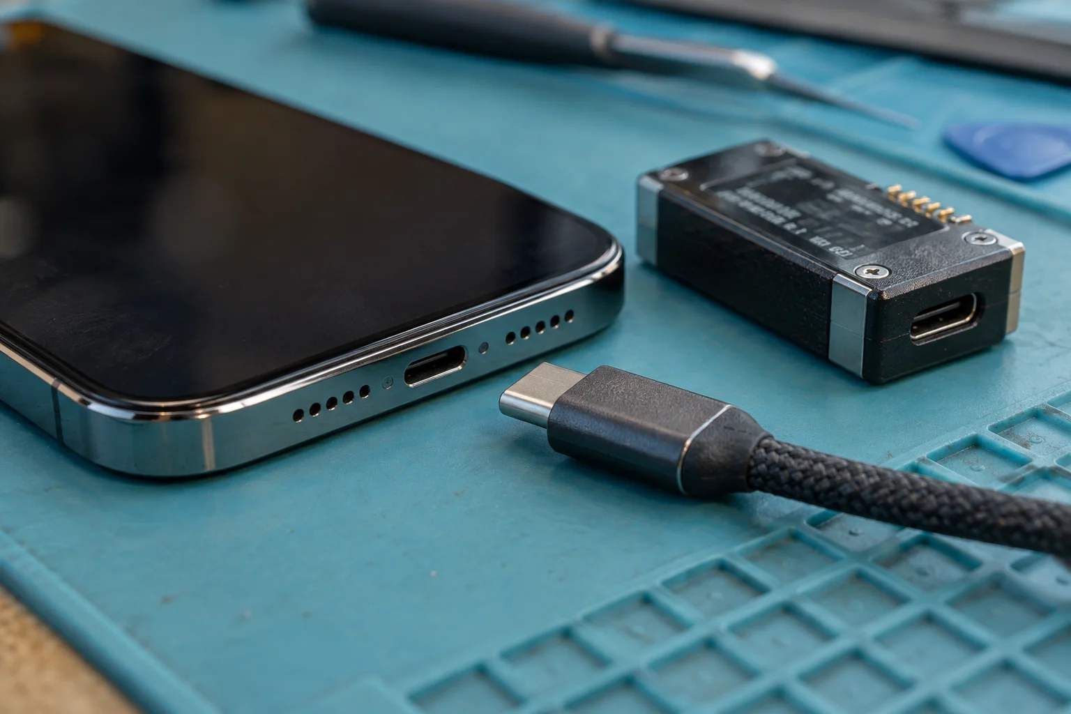 Smartphone connected to a USB-C debugging device on a workbench mat