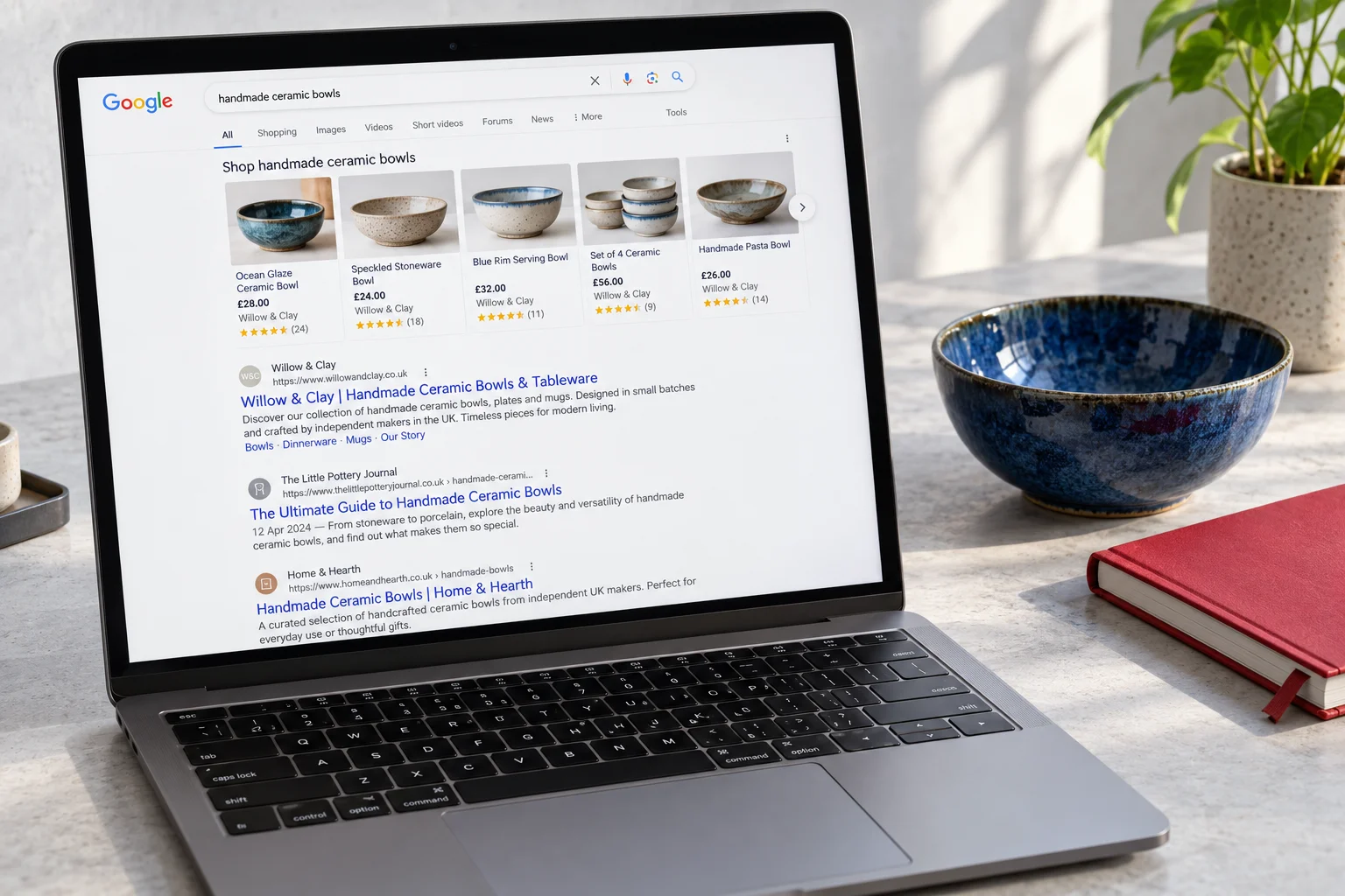 Laptop showing Google search results for a local business on a desk